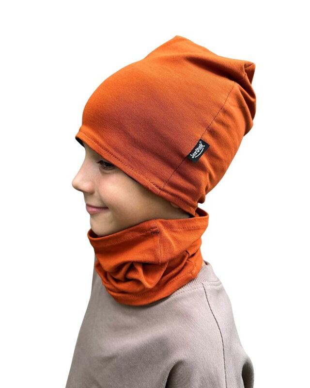 Jožánek Detská čiapka bavlnená, obojstranná, čierna + škoricová M (4-14 rokov)